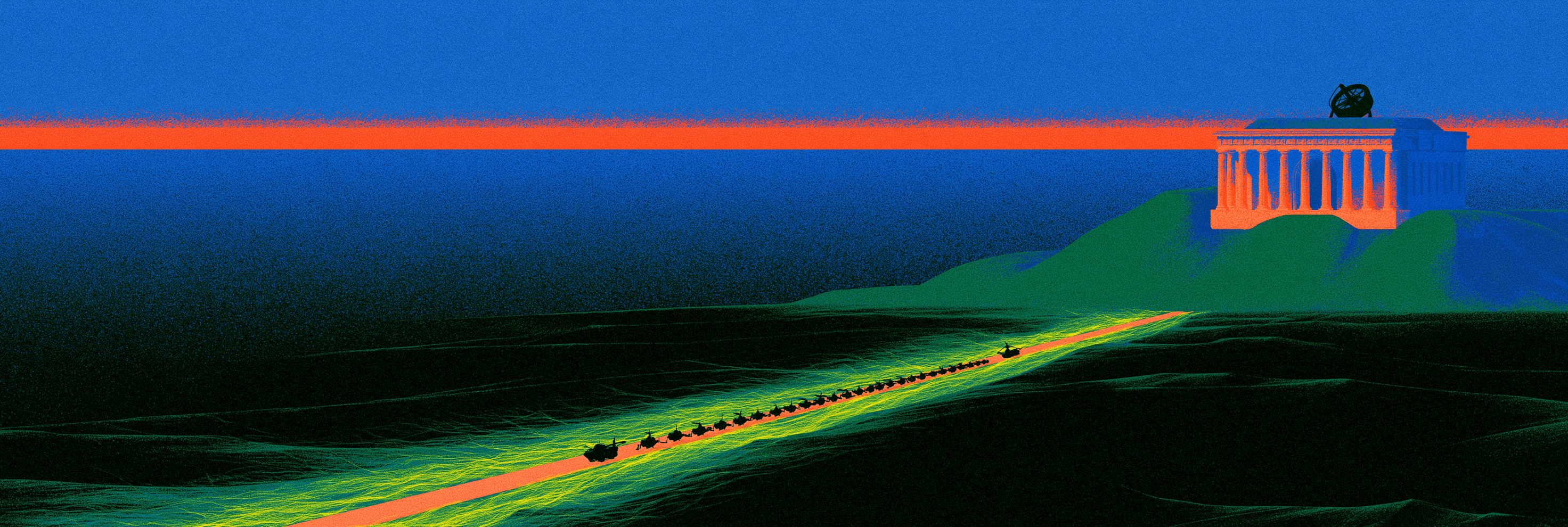 The illuminated road crossing dark terrain toward the distant temple, seen from far back along the route.